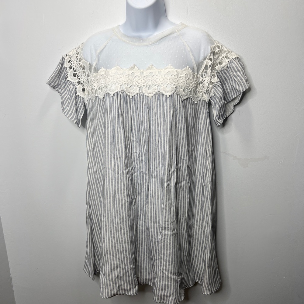 Hem & thread blue white stripe babydoll mini dress crochet lace neckline detail